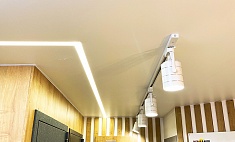 Потолок со световыми линиями и трековыми светильниками